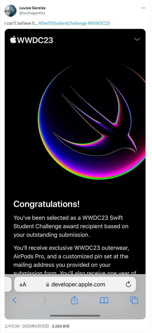 苹果版快乐在线观看:苹果开始面向 WWDC23 Swift 学生挑战赛获胜者发送通知邮件